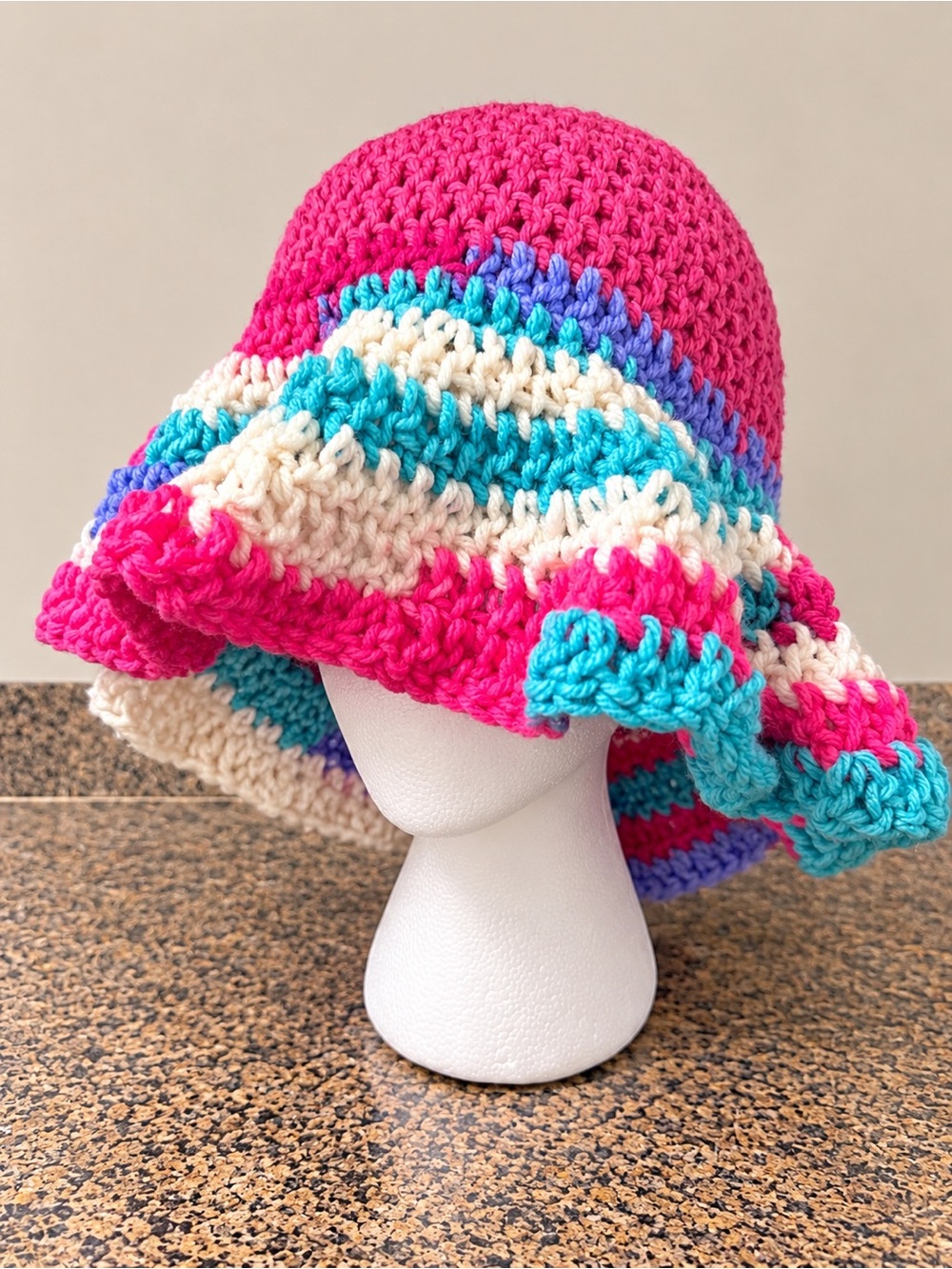Handmade Crochet Sun Hat - Pink, Turquoise & Cream